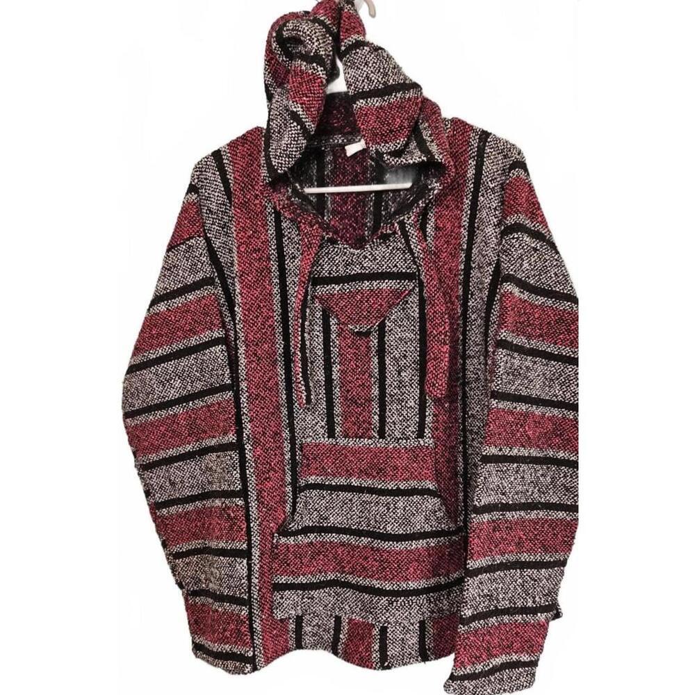 Artesanias Unisex Gray Pink and Black Mexican Hooded Pullover‎ Poncho Size Large